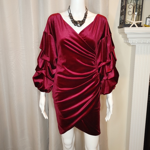 Velvet Ruched Draped Puff Exaggerated Sleeves Mini Dress, Burgundy L - Picture 4 of 10
